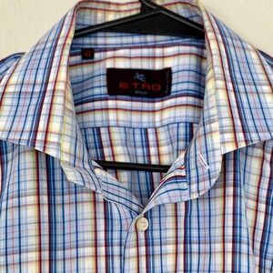 Etro Milano Mens L Dress Shirt‎ Long Sleeve Plaid Checkered Cotton Blend Casual